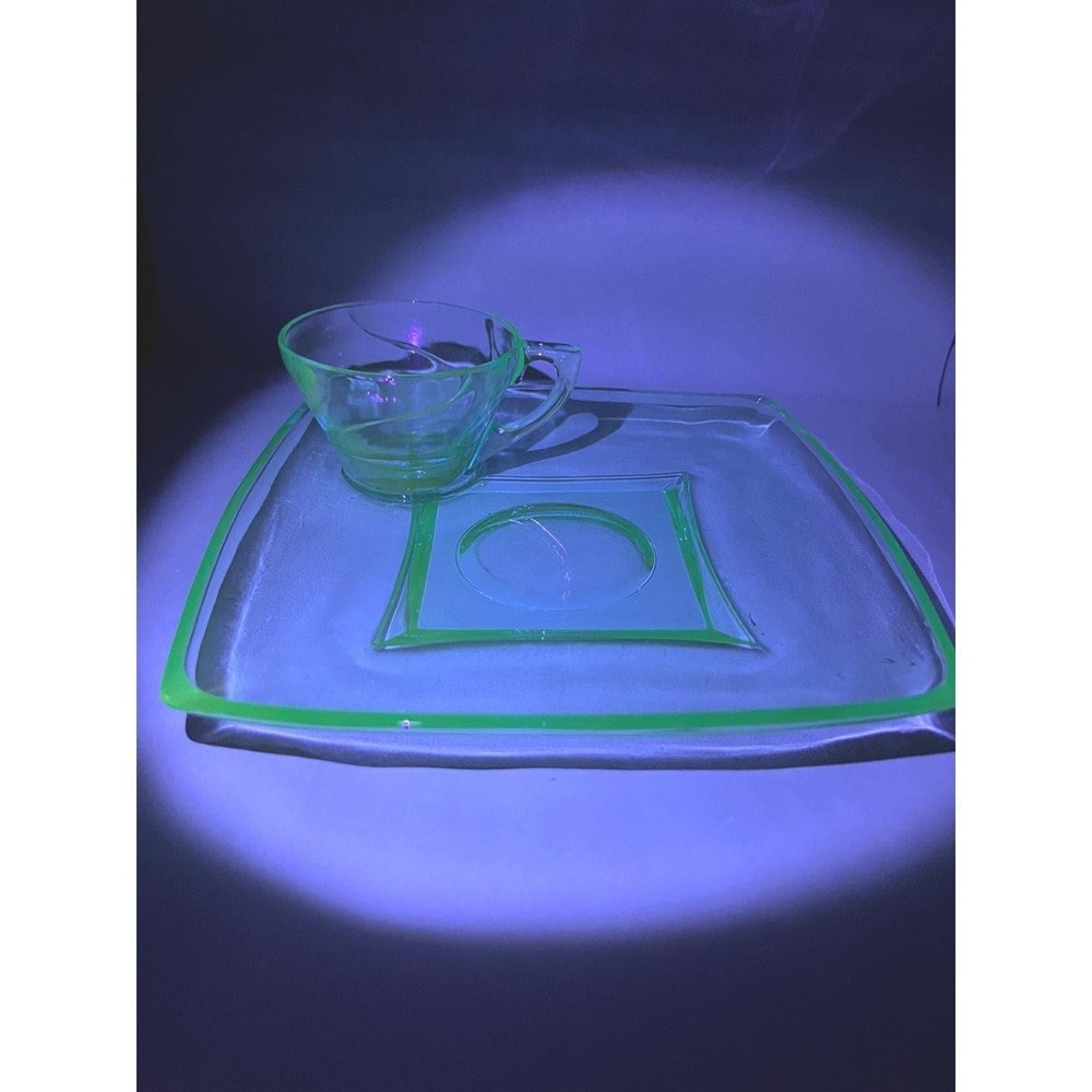 Vintage Hazel-Atlas Capri Aqua Snack Set Square Plate Cup Manganese Glass Glows